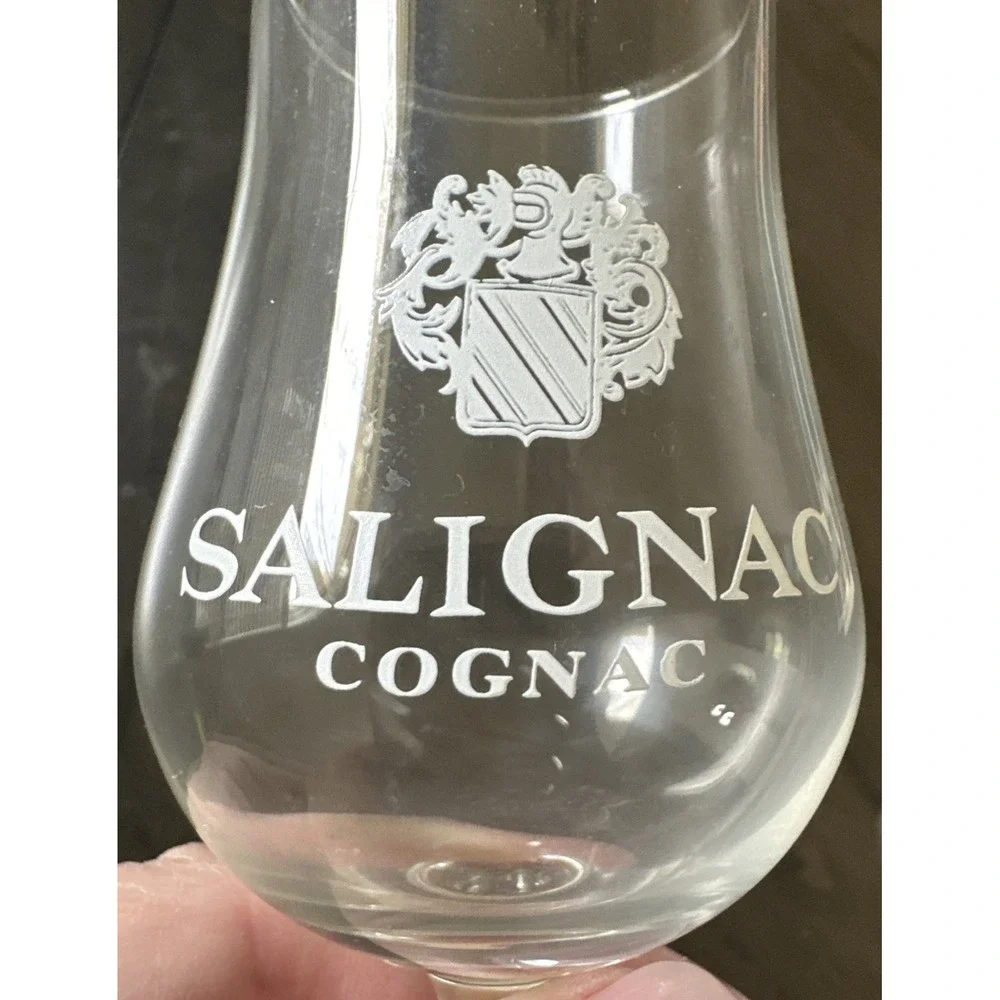 1 Salignac Cognac Glass White Embossed Lettering with Logo 4  1/2 